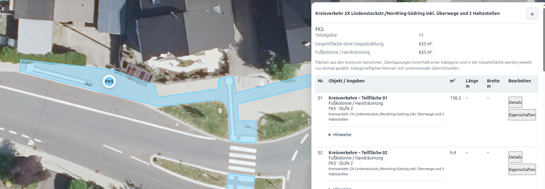 Zugehörige Objektdaten mit Teilflächen, Räumstufe und Quadratmetern